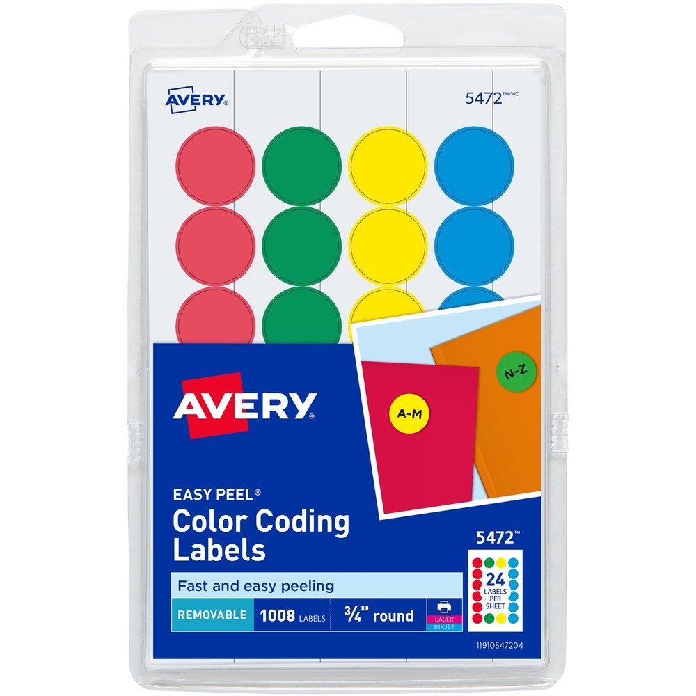 Avery Removable Adhesive, Assorted Colors,  3/4" Diameter, 1,008 Labels (5472)