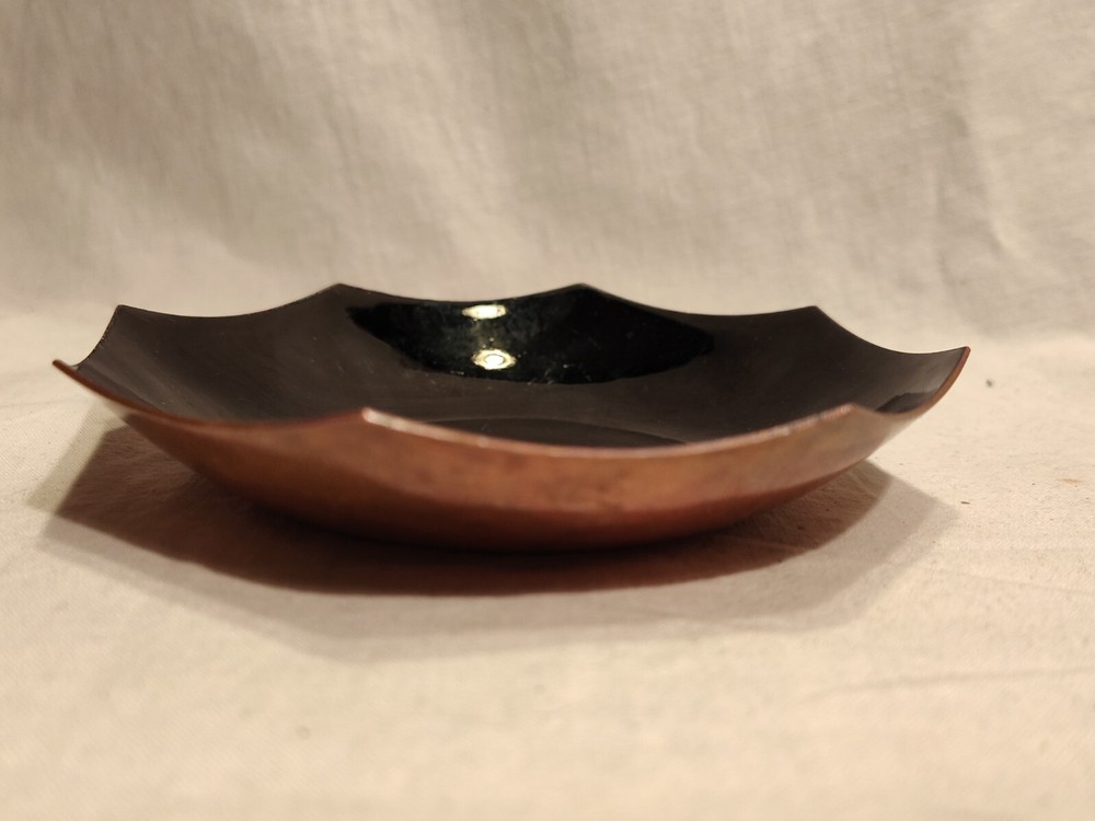 Vintage Enamel On Copper Dish Octagon Black MCM