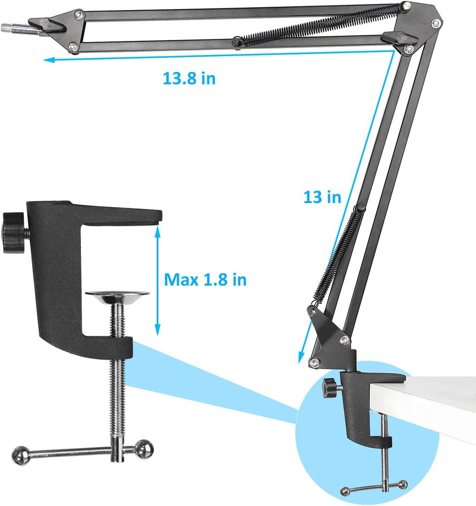 Adjustable Microphone Boom Arm with Pop Filter | Desk Clamp Mic Stand