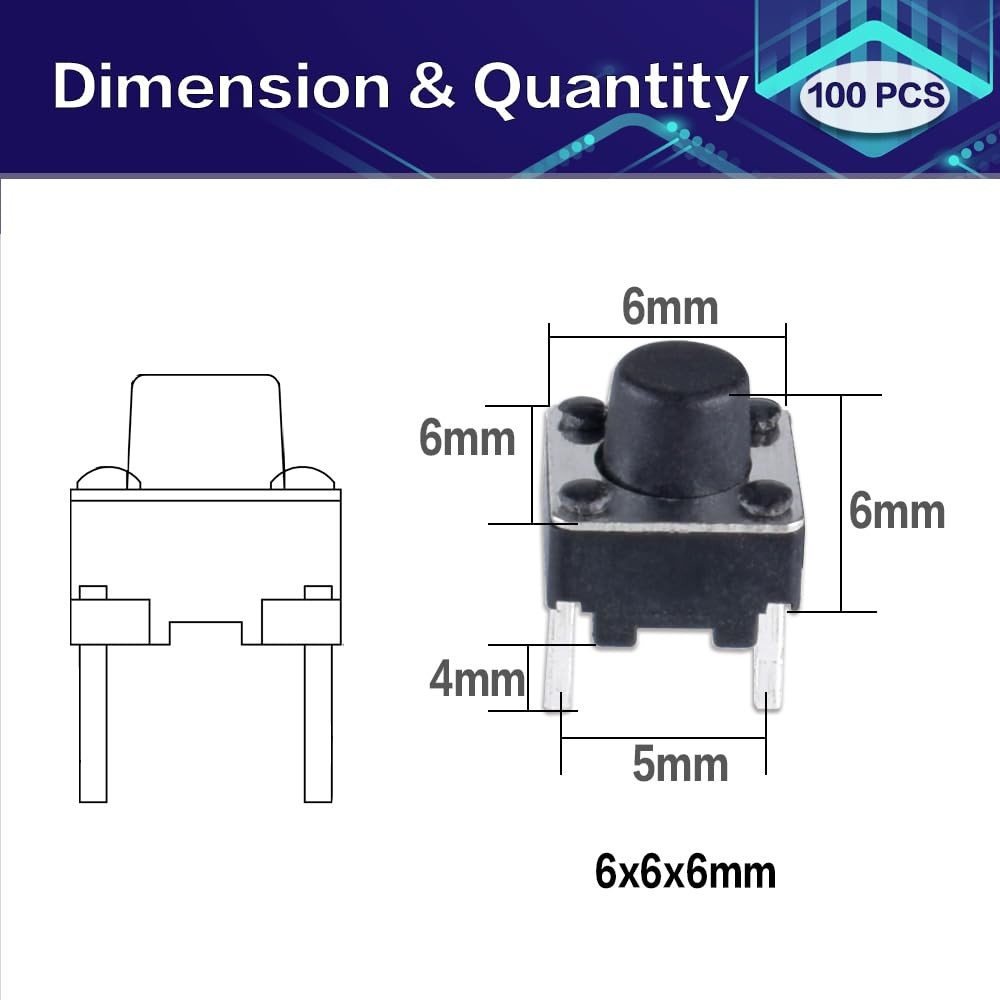 100 Pcs Tact Push Button Switch 2 Pin 6x6x6 mm Micro Momentary Tactile Switch