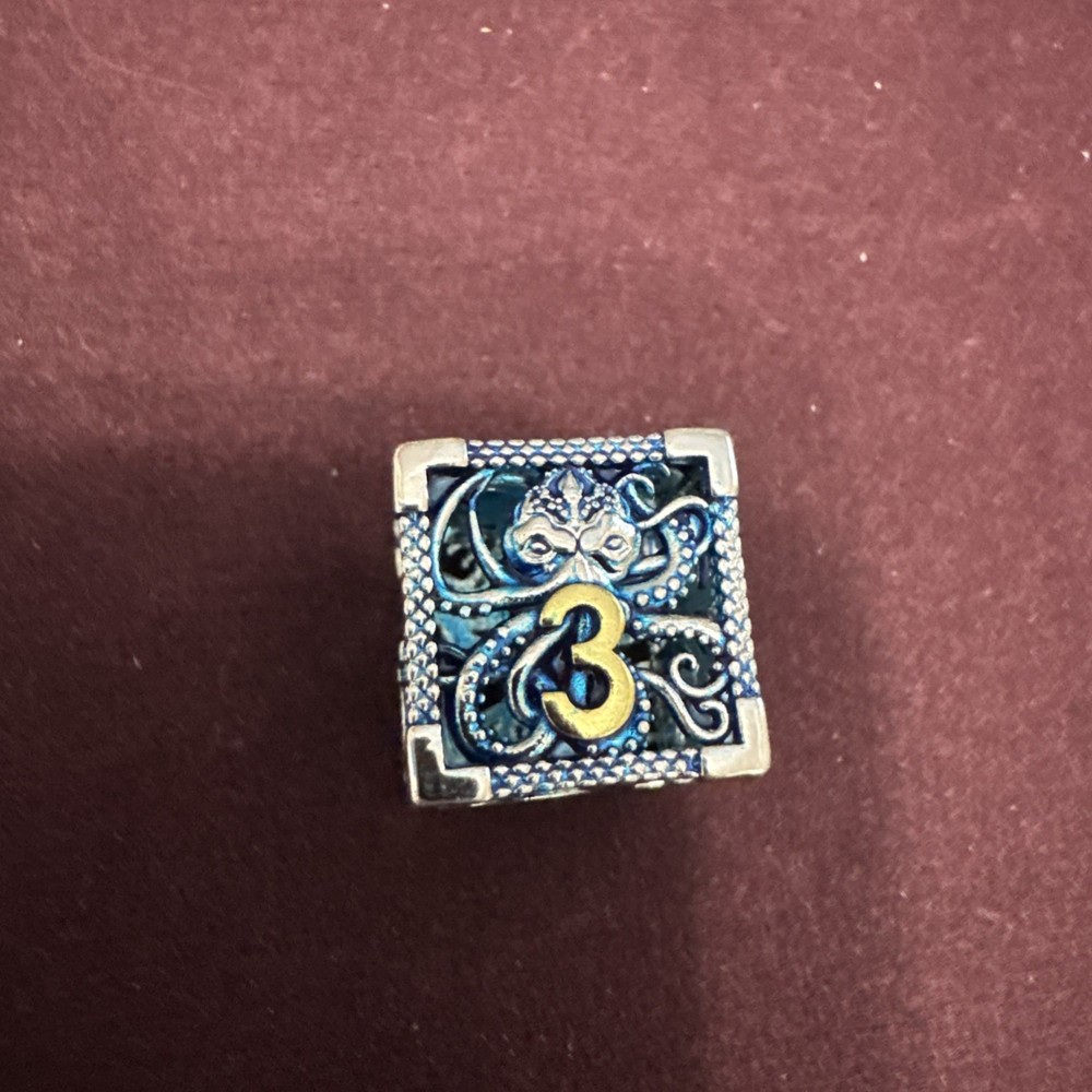 Silver & Blue Octopus Hollow Metal Polyhedral Dice Set - RPG DND E