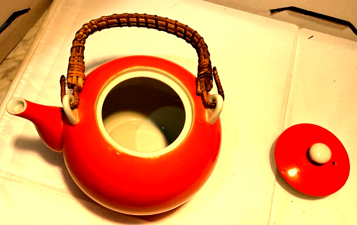 Ratan Handle Ceramic Orange Tea Pot and 6 Cups Made in Japan