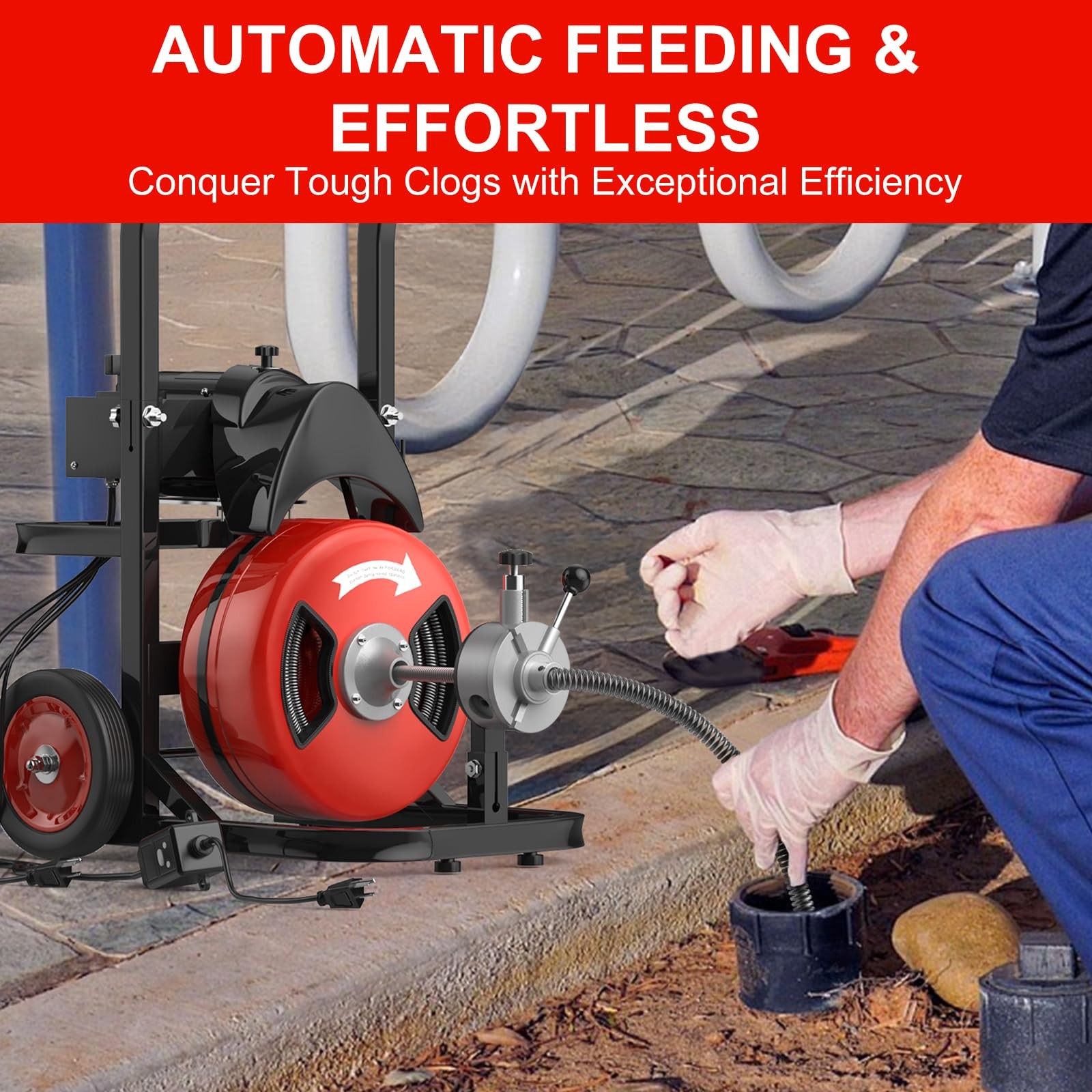 75FT 1/2 in Auto Feed Drain Cleaning Machine,Electric Drain Auger with 6 Cutter