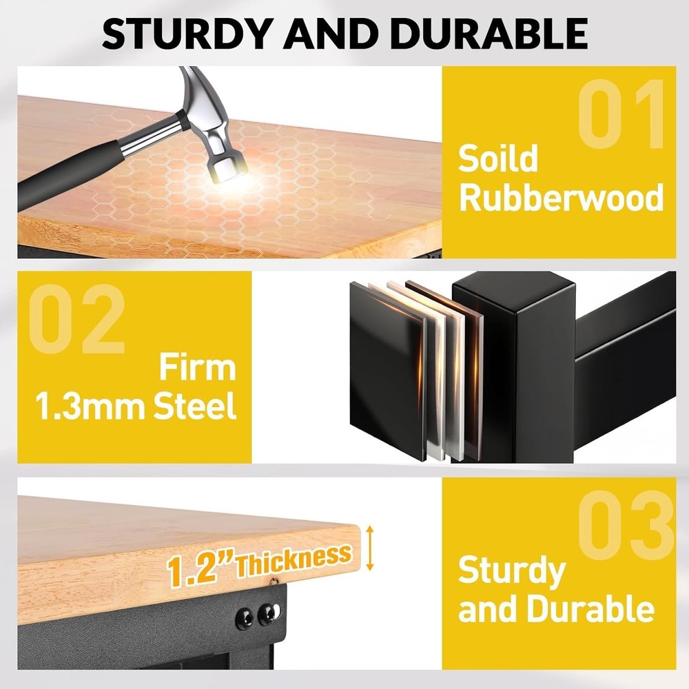 60" Workbench with Drawers, Adjustable Height Work Table, 2000 LBS Heavy-Duty,