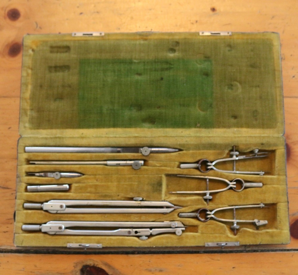 Vintage 9 piece Keuffel & Esser PILOT DRAWING INSTRUMENTS Case and box