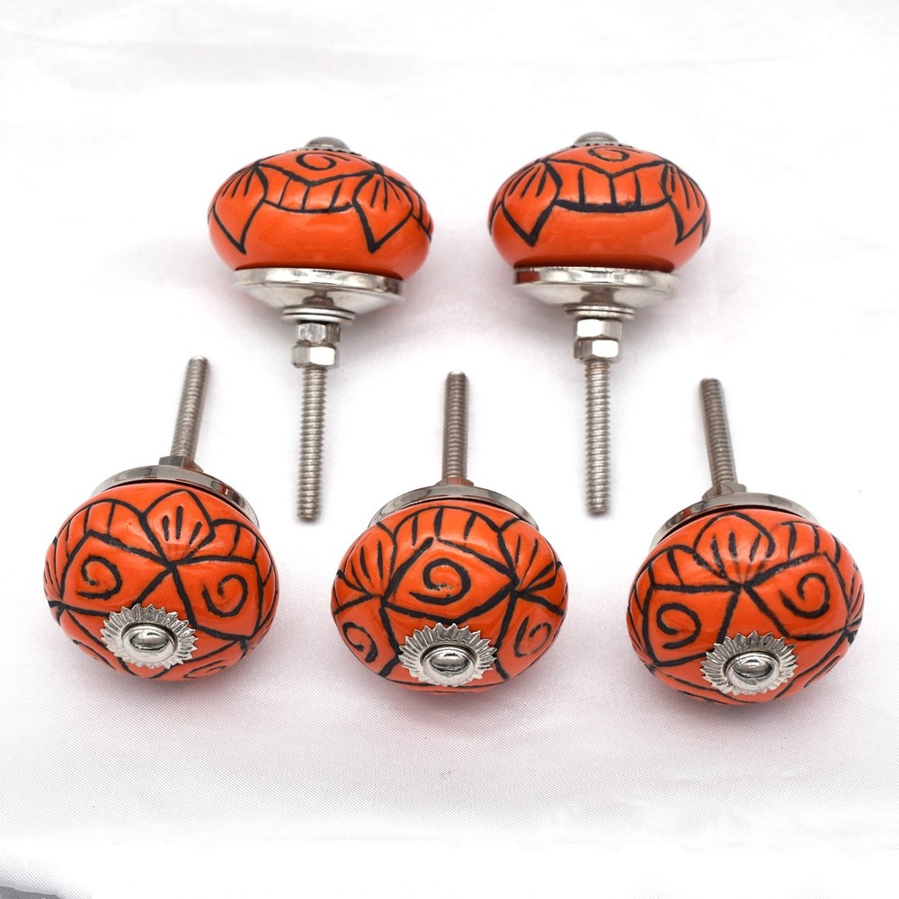 Emboss Orange Color Ceramic Knobs Handpainted Kitchen Cabinet Drawer Pulls