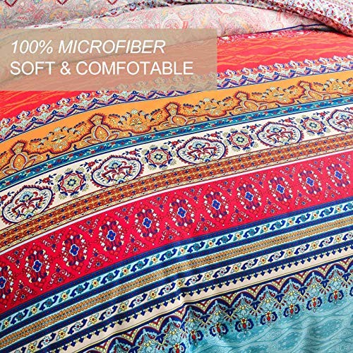 Comforter Set Size, 3pc Boho Red Blue Queen Boho Retro Striped Comforter Set