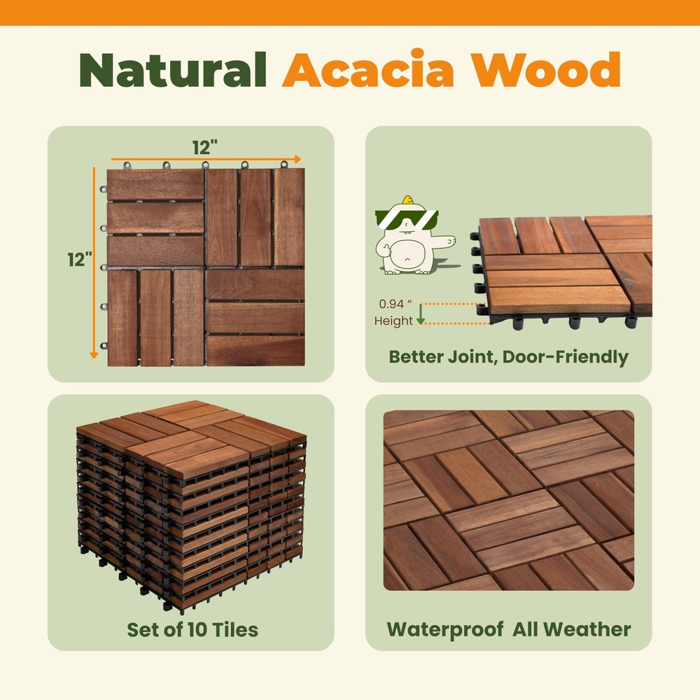 Premium Solid Wood Interlocking Deck Tiles, 10 PCs 12”x12” Snap Together Pati...