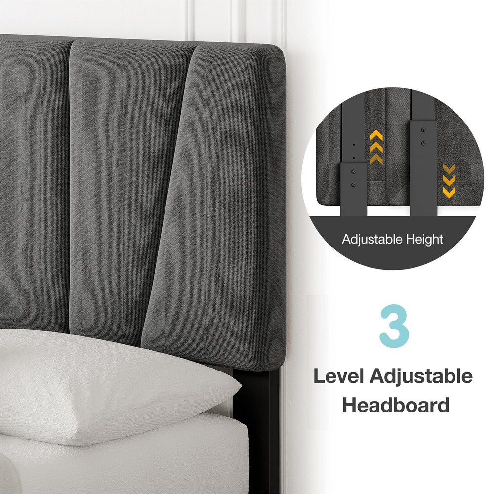 Full Size Bed Frame with Adjustable Headboard Linen Upholstered Platform Bedfram