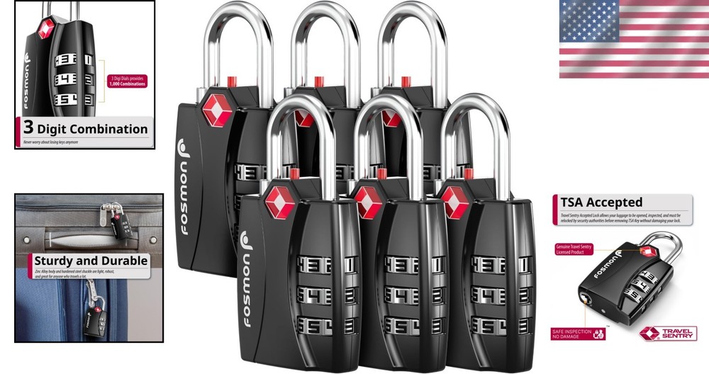Durable TSA Approved 6 Pack Luggage Locks with Rotating 3-Digit Combinations