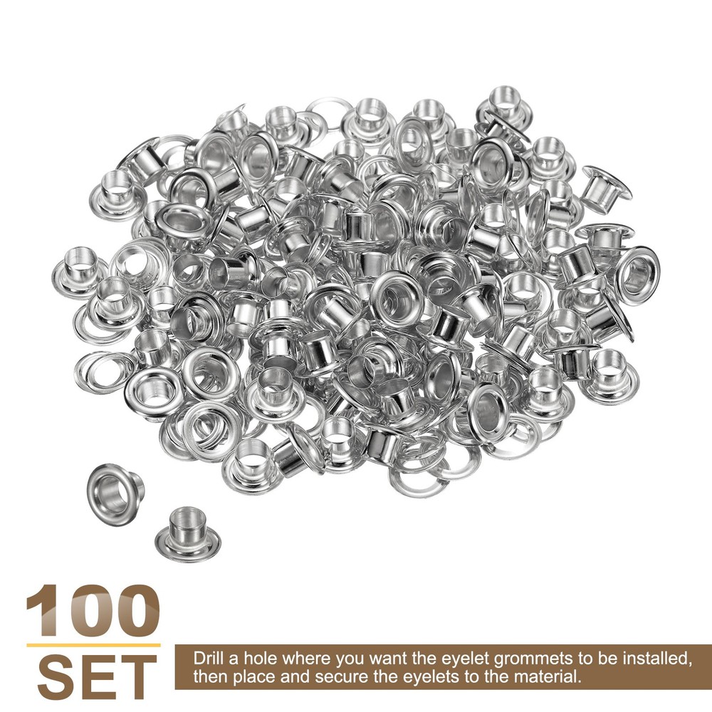 100Set Grommets Eyelets Kit 4.5mm Brass Eyelets with Washers, Silver