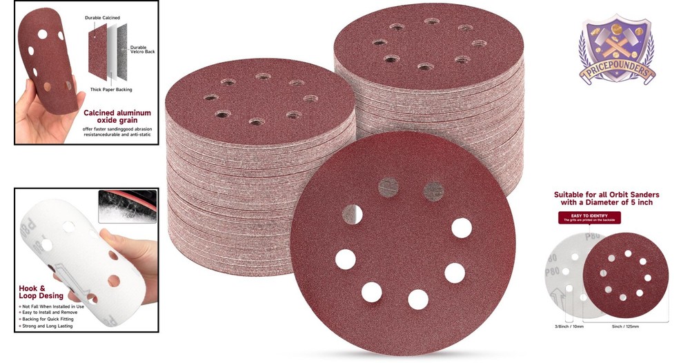 8-Hole 5" 400 Grit Sanding Discs - 100 Pack Hook & Loop for Clean Workspaces