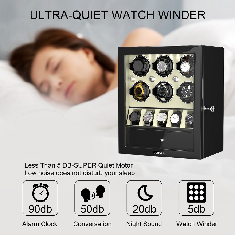 Automatic 6 Watch Winder with 5 Extra Watches Display Storage Box LED Light Gift