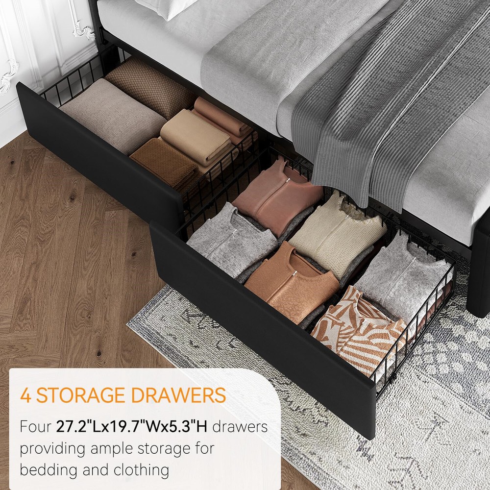 ✅Full Size Bed Frame with 4 Storage Drawers and Headboard Upholstered Platform