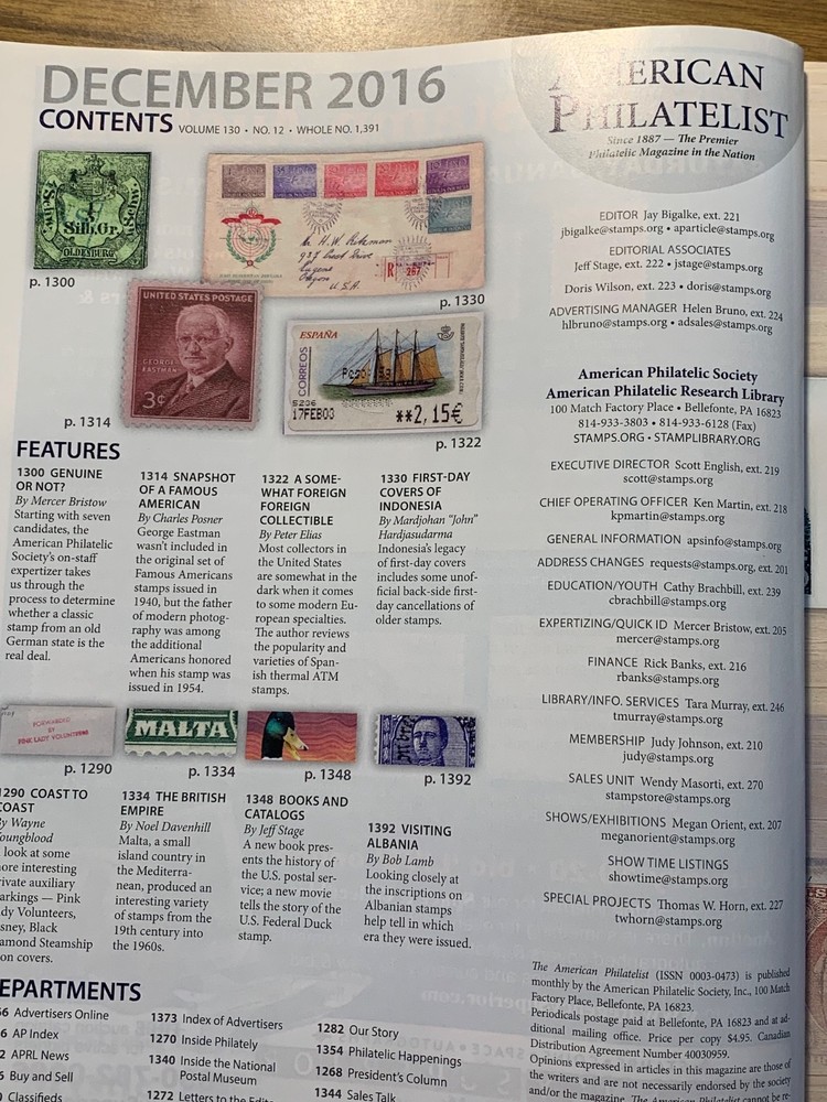 American Philatelist Magazine 2016, December
