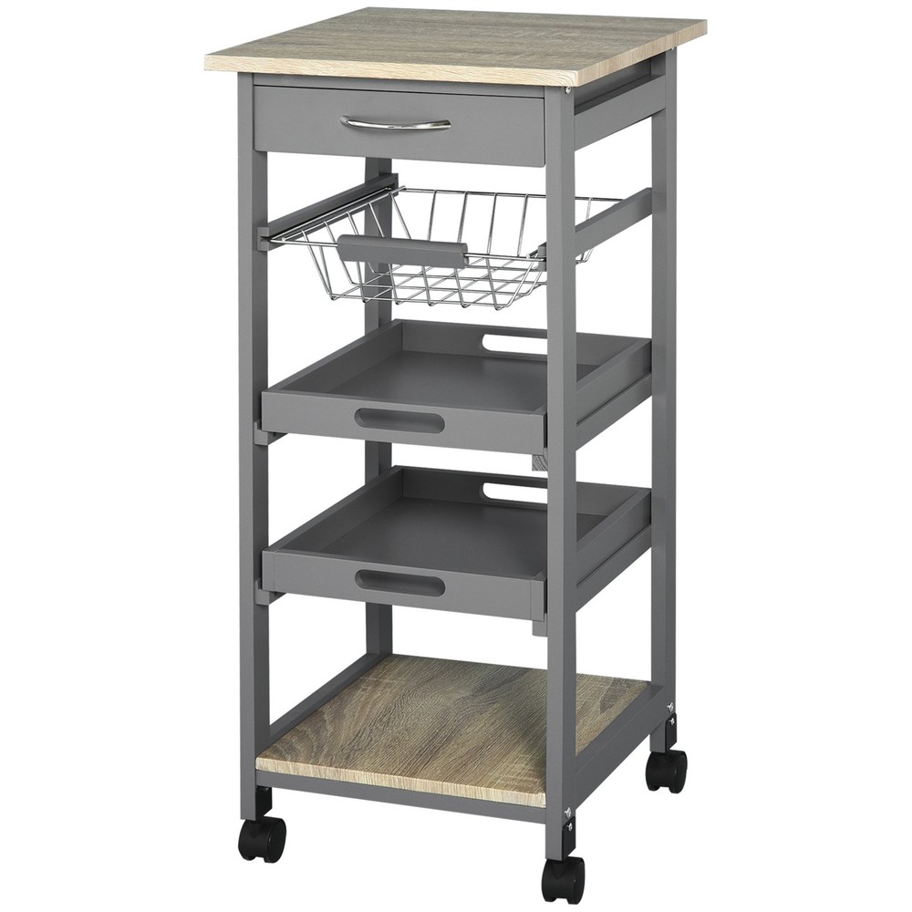 Rolling Kitchen Cart w/ Drawer, Basket, Trays & Solid Wood Frame, Gray