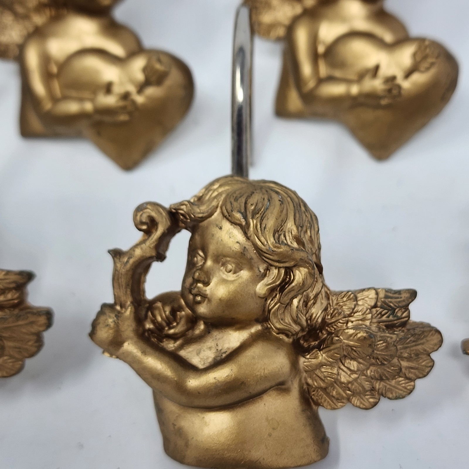 Gold Painted Angel Cherub Shower Curtain Hook Resin Stainless Set of 12