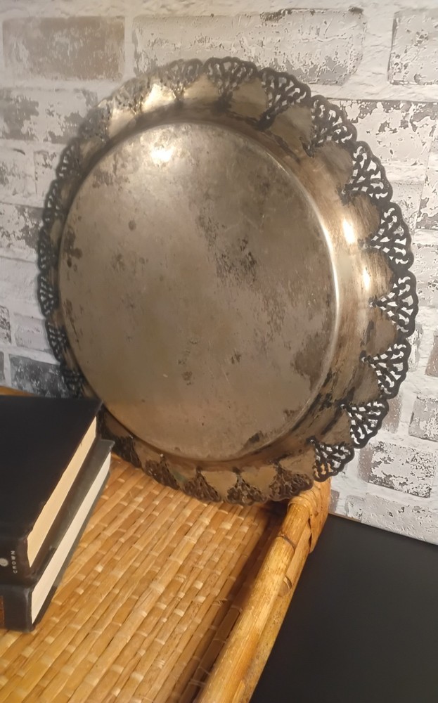 Home Decorators Silver Plated Round Tray Platter Reticulated scalloped 12.75”
