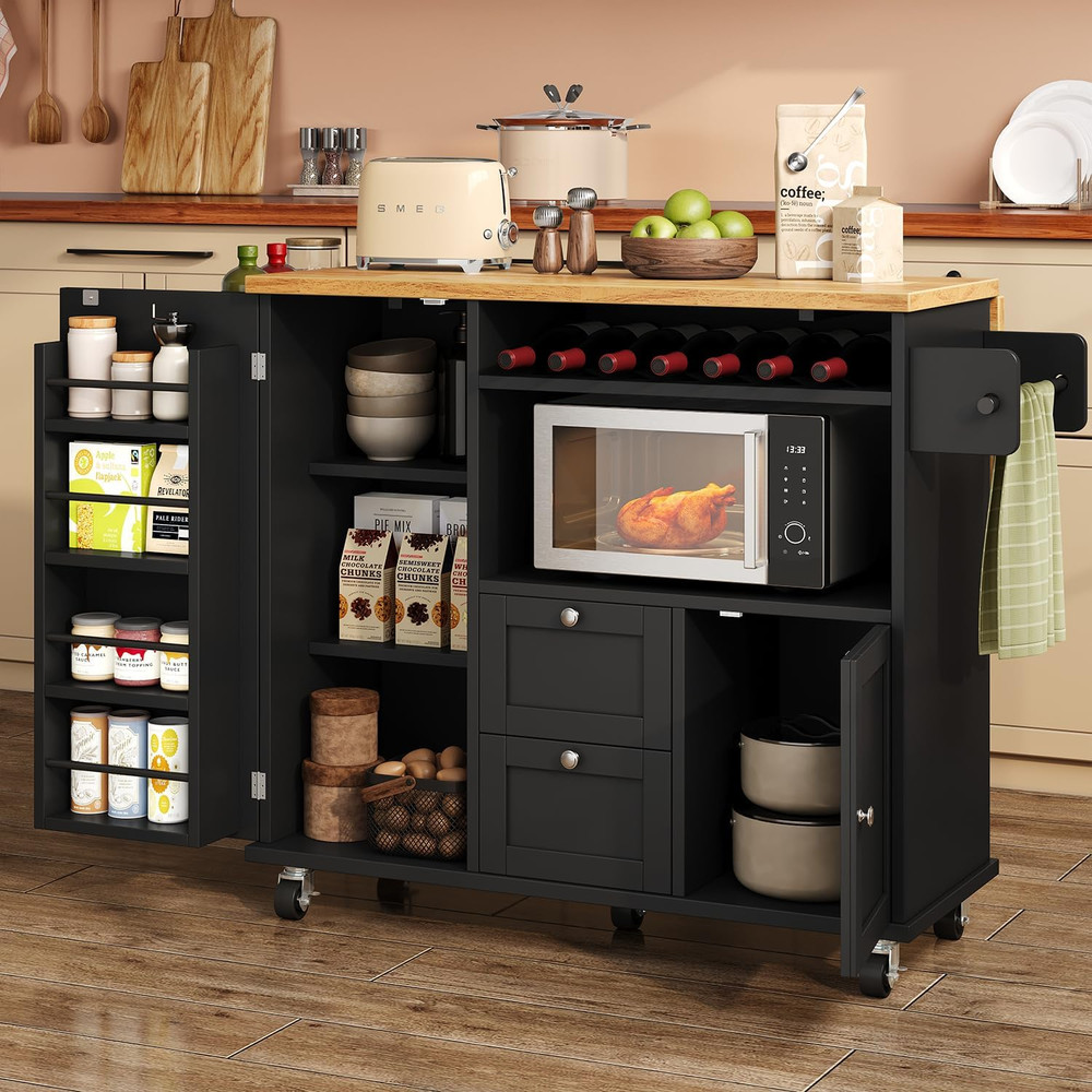 Portable Rolling Kitchen Island with Storage, Drop Leaf Countertop, Black