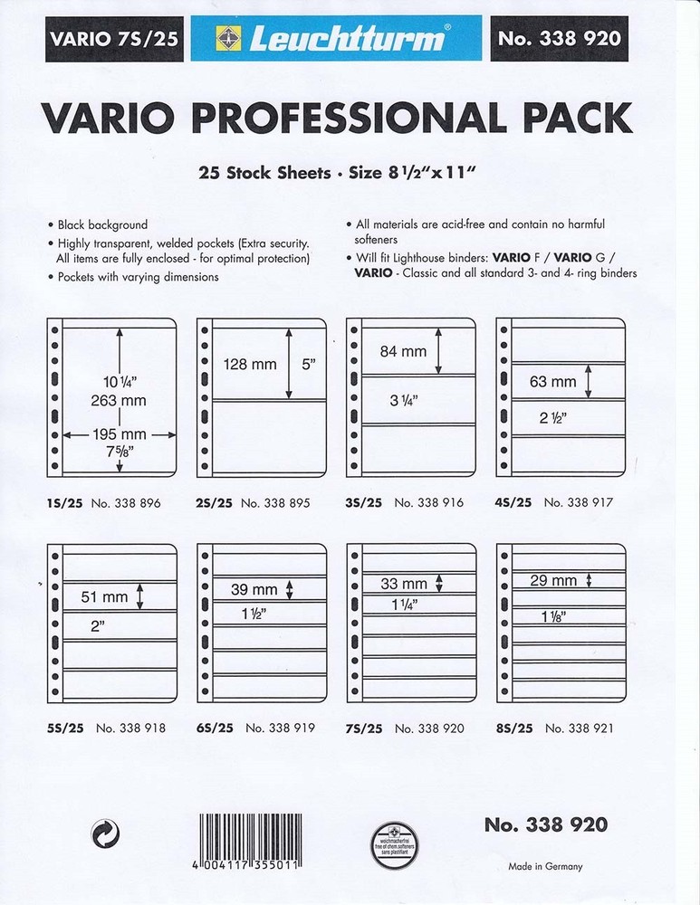 Lighthouse Vario 7S Stock Stamp Pages 7 Rows Professional Pack of 25 Black NEW