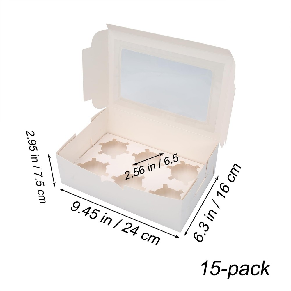 15 Pack White Cupcake Boxes Holds 6 Count Container Window Insert Carrier