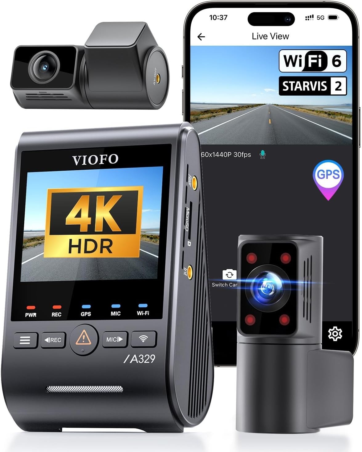 Viofo A329S 4K 3 Channel Dash Cam  4K Front + 2K Cabin Fisheye (210°) + 2K Rear