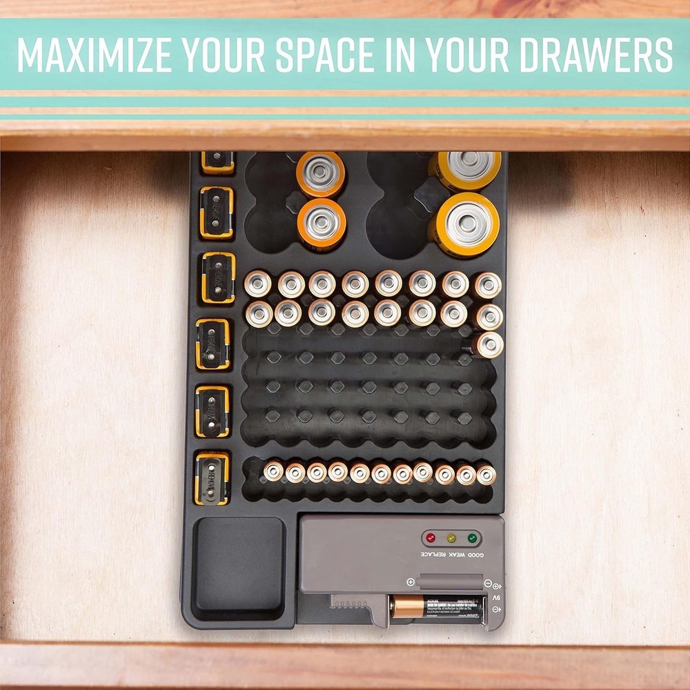GForce Battery Organizer Storage Case with Built-In Tester Wall Mountable