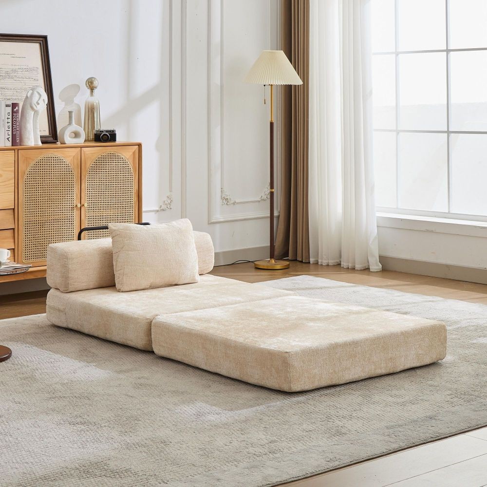 Convertible Folding Sofa Bed, Chenille Fabric Single Seat Sleeper, Beige