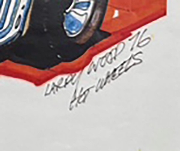 VRHTF NHRA HOT WHEELS SIGNED BY "LARRY WOOD" SKETCH COPY OF HIS WORK 11 X 17