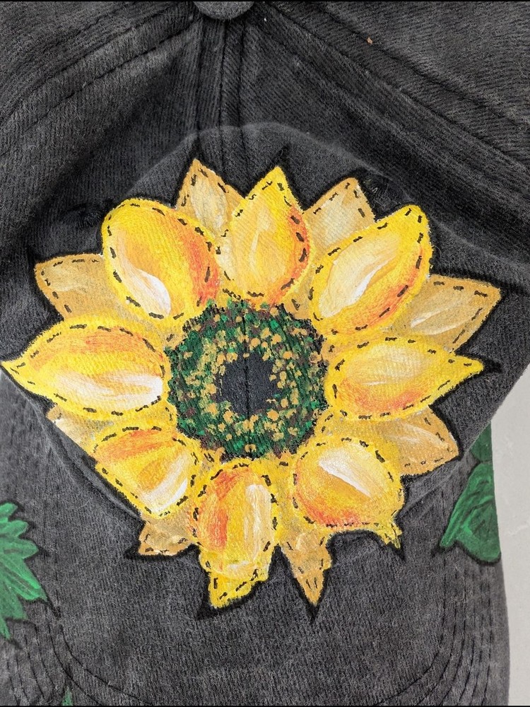 Black Hand-Painted Sunflower Baseball Cap Hat