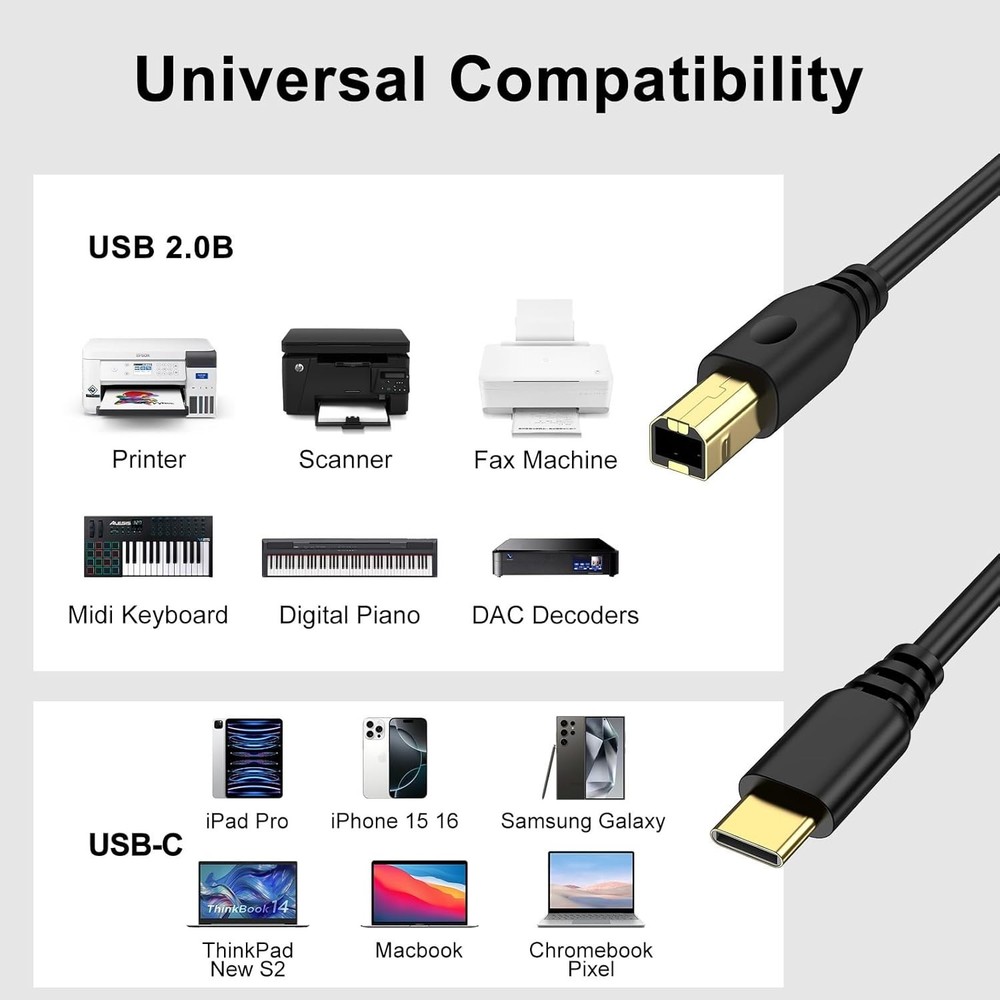 High-Speed 6FT USB B to USB C Cable - Ideal for Printers and Controllers