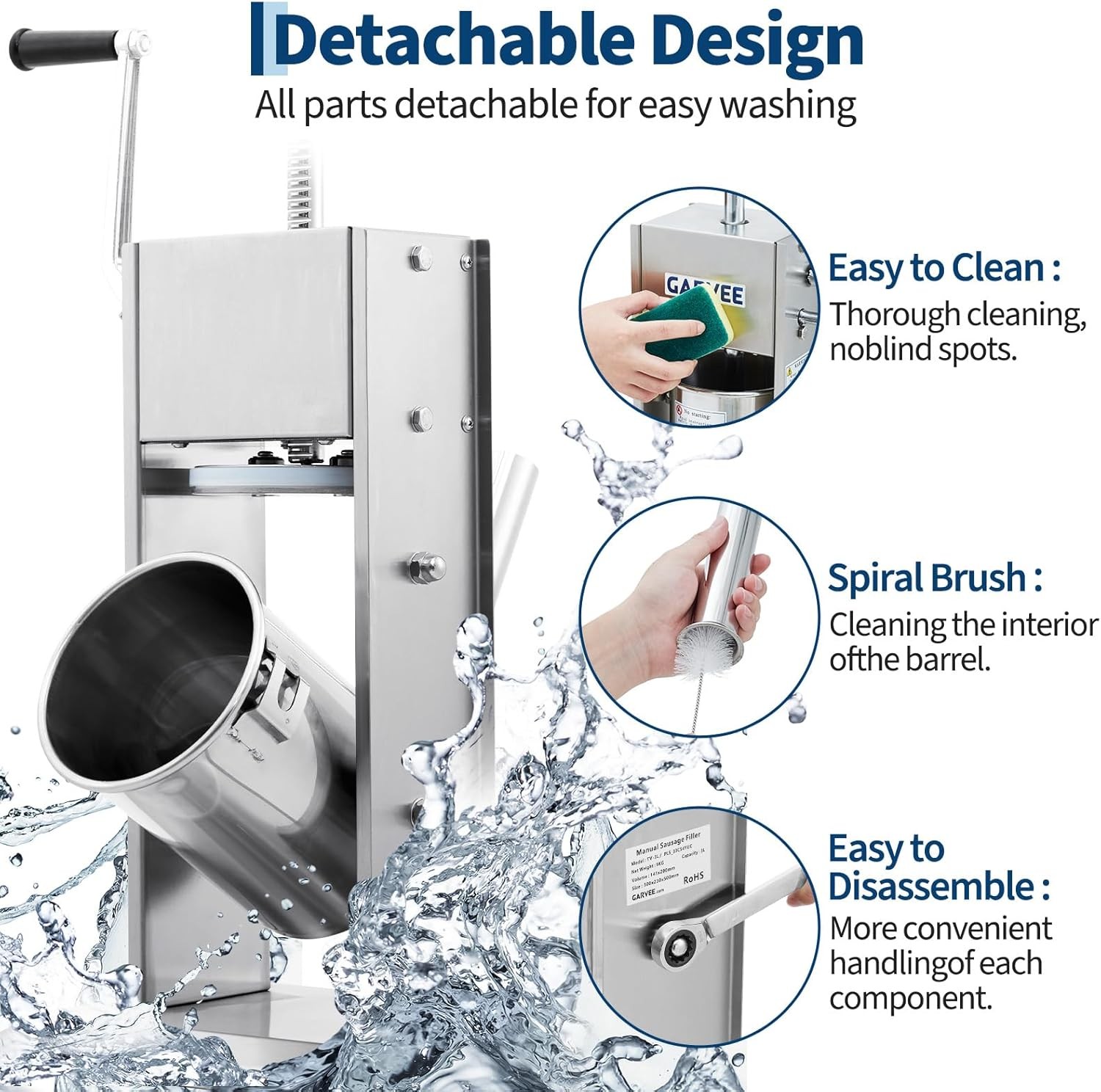 7L Manual Sausage Stuffer 304 Stainless Steel w/ 5 Filling Tubes & Cleaning Kit