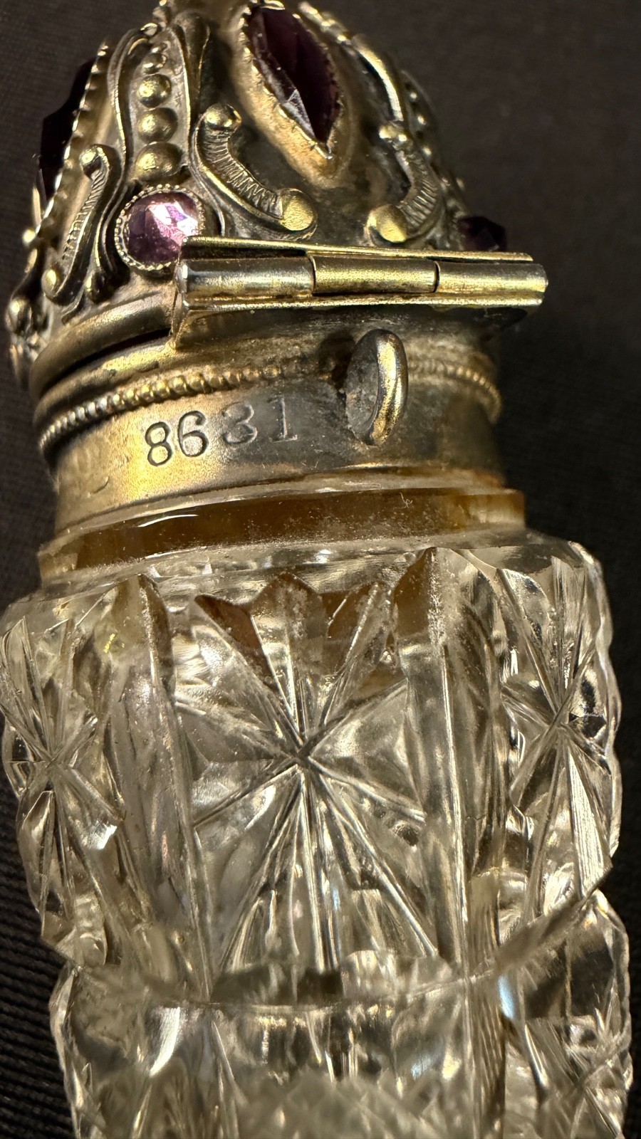 Rare Victorian Sterling with Faceted Amethyst Stones & Cut Cyrstal Scent Bottle