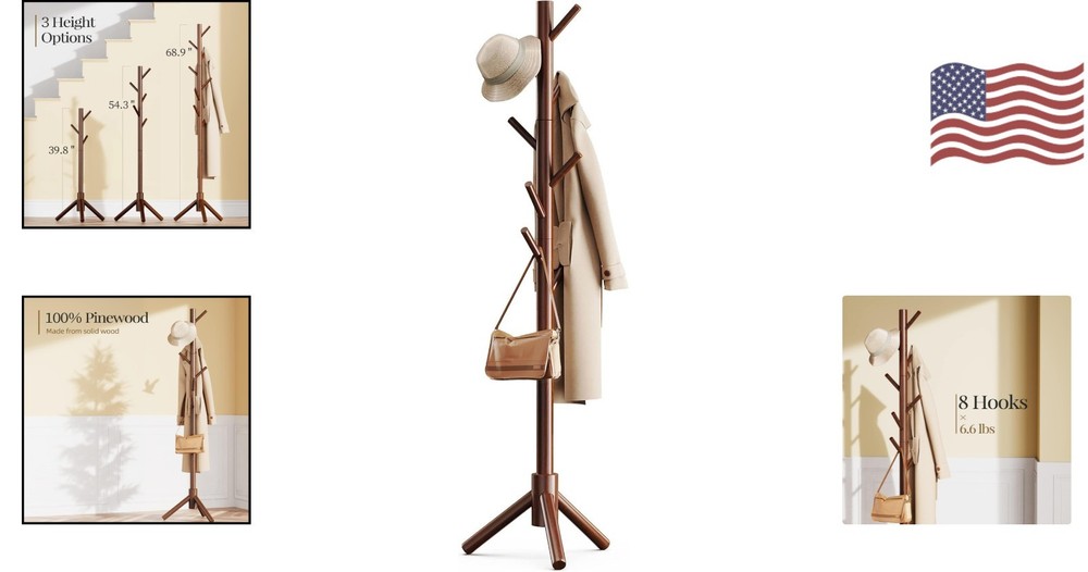 Freestanding Wooden Coat Tree - Stylish Storage Solution with Adjustable Height