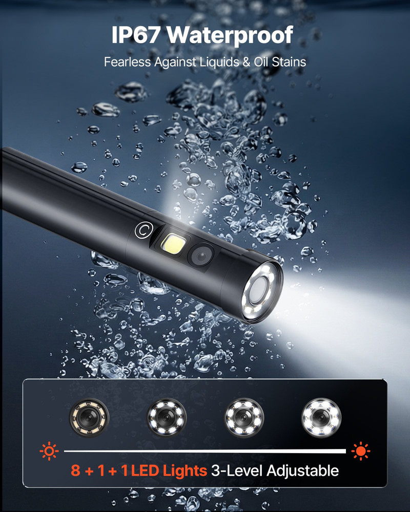 Triple Lens Endoscope 4.9FT Cable 5" Screen Borescope Camera IP67 w/ Light