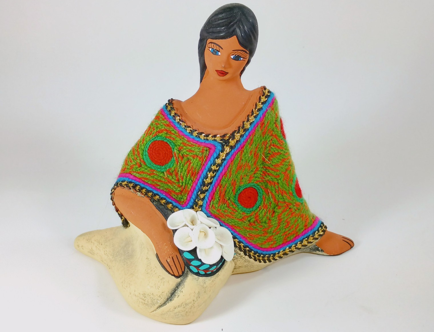 Clay Folk Art Honduran Lady Sitting with Flowers.