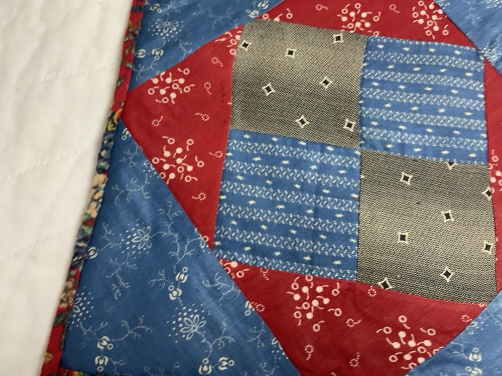 Antique Patchwork Quilt Table Topper, Four Patch W/ Triangles, Early Calicos