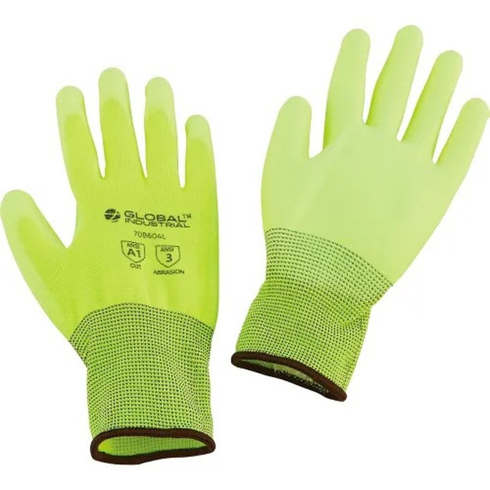 Flat Polyurethane Coated Gloves, Hi-Viz Lime, Large - Pkg Qty 12