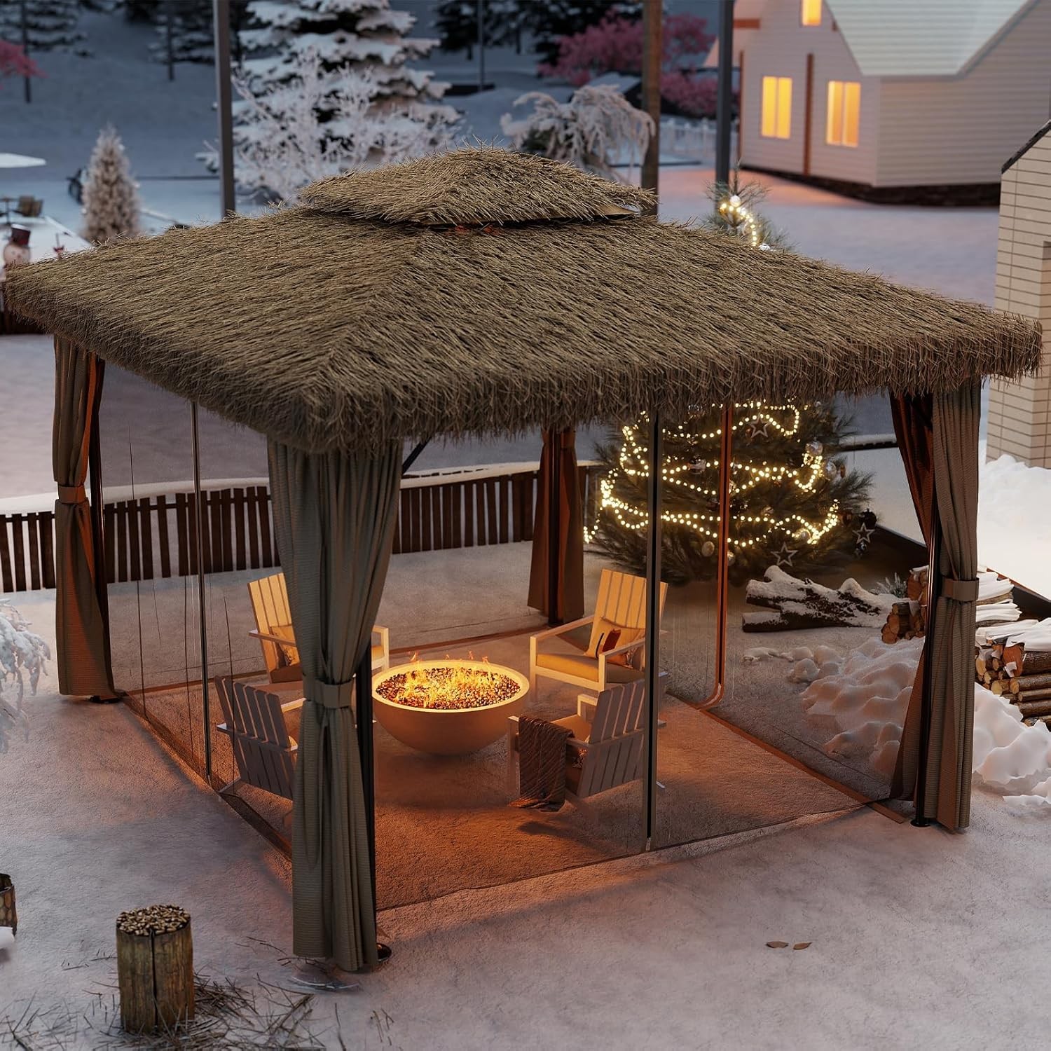 Double Thatched Roof Canopy,Outdoor Aluminum Frame Gazebo with Curtains Netting