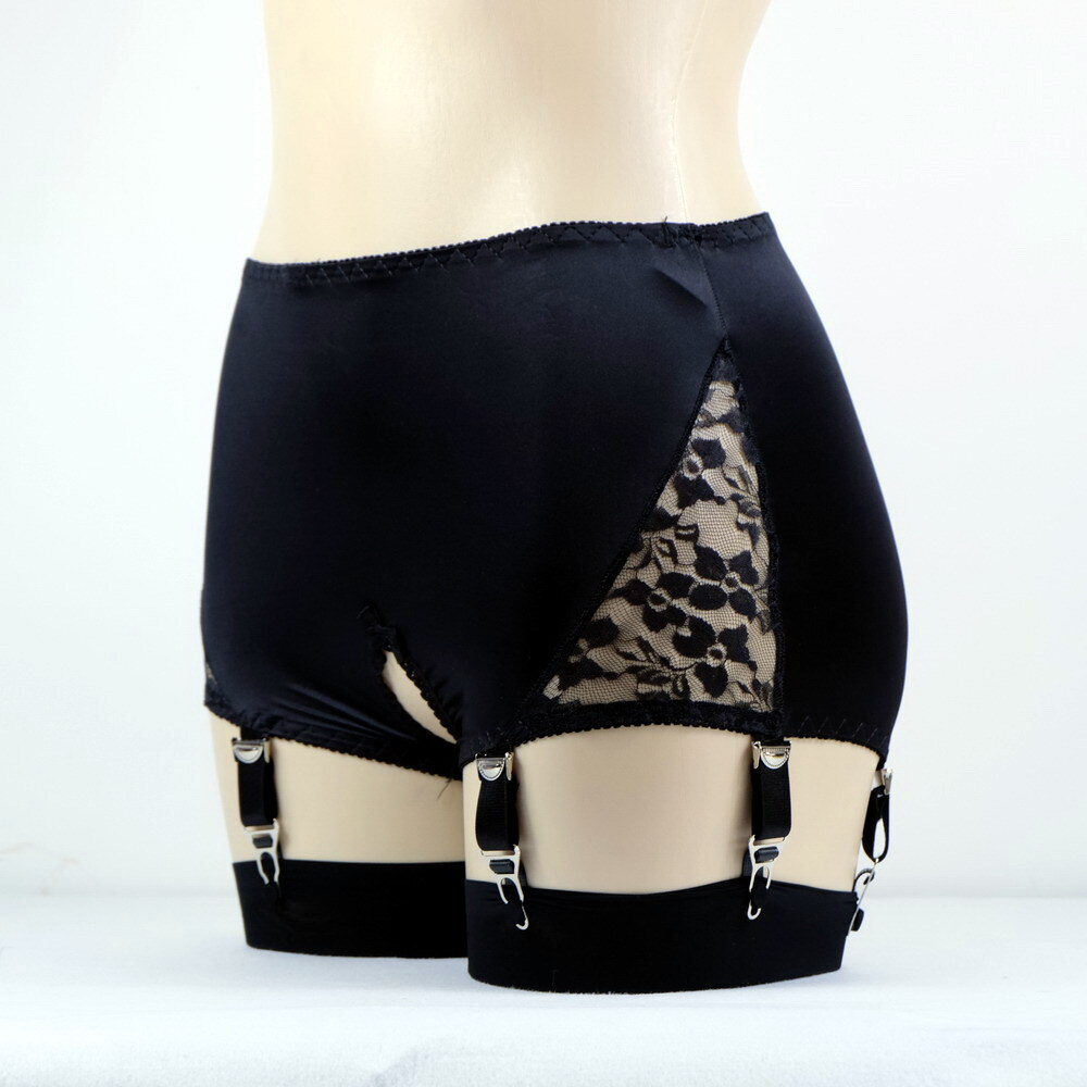 Luxallacki Crotchless Garter Panties 6 Straps Metal Clips Lace Satin Lingerie