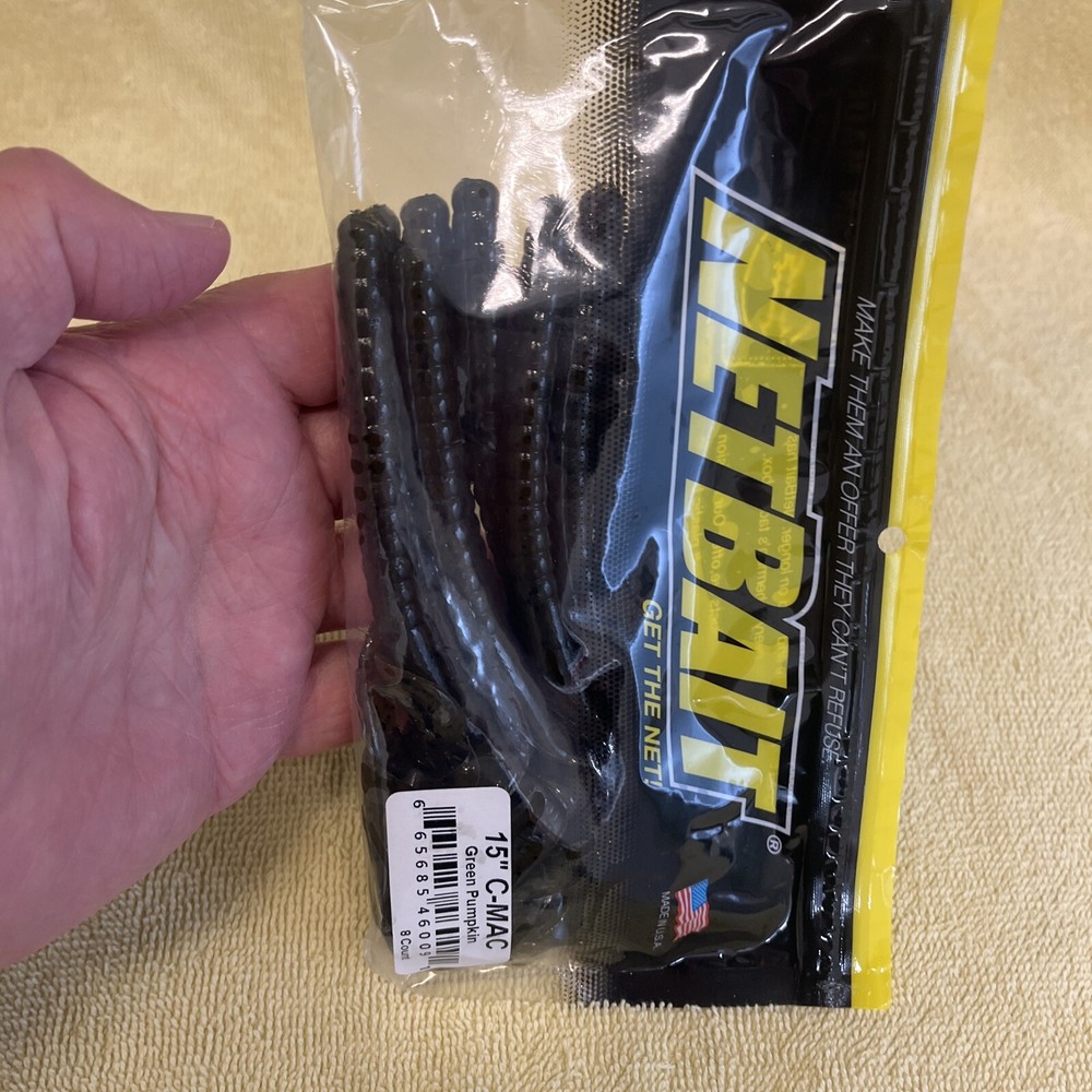 Netbait 15” C-Mac Curly Tail Worm, Green Pumpkin, 8 Per Pack, Salt & Scent