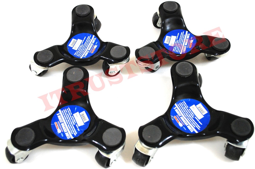 4 PC STEEL PLATFORM THREE 3 WHEEL MOVING DOLLY'S ROLLERS WHEELS CASTERS SET