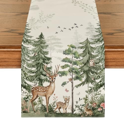 Forest Deer Bunny Spring Table Runner, Seasonal Summer Kitchen Dining Table