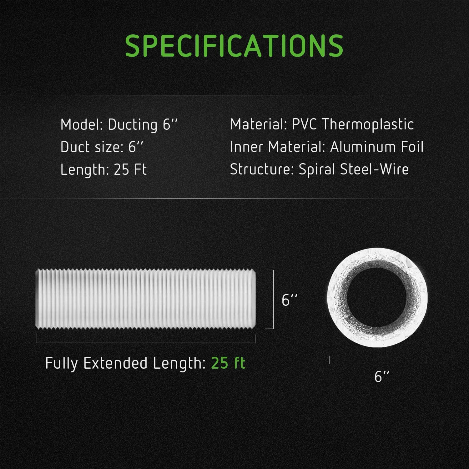 VIVOSUN 6Inch 25Ft Non-Insulated Flex Air Aluminum Ducting for HVAC Ventilation