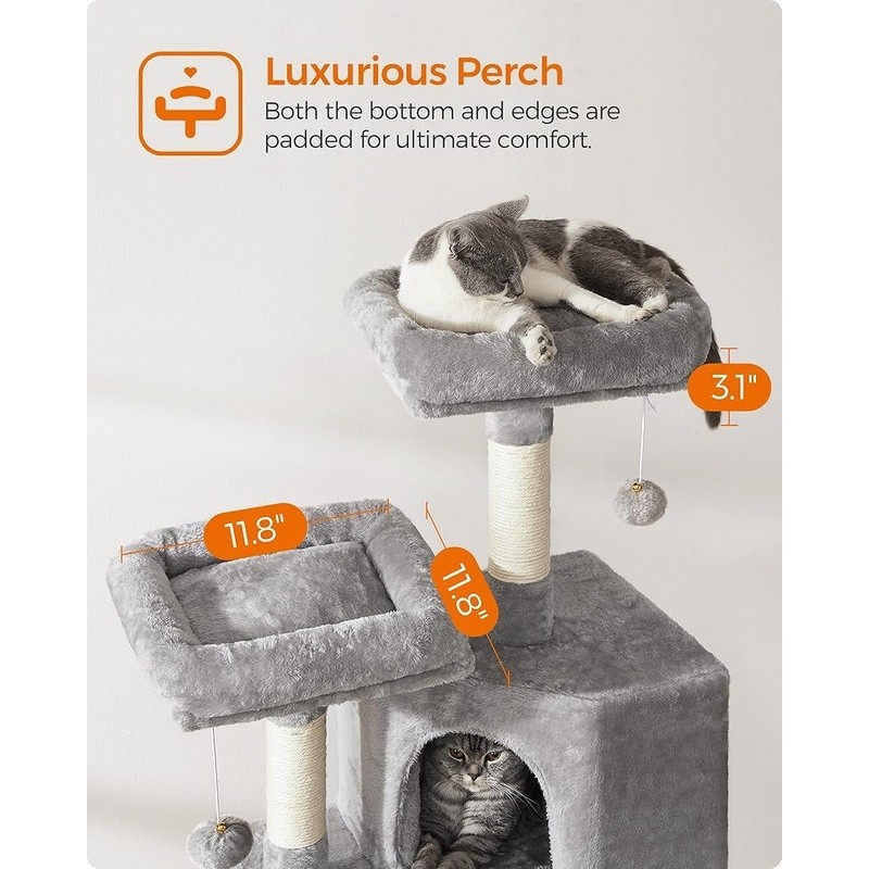 Cat Tree Tower Soft Perches Scratching Ramp Spacious Cat Cave W/ Pompom New