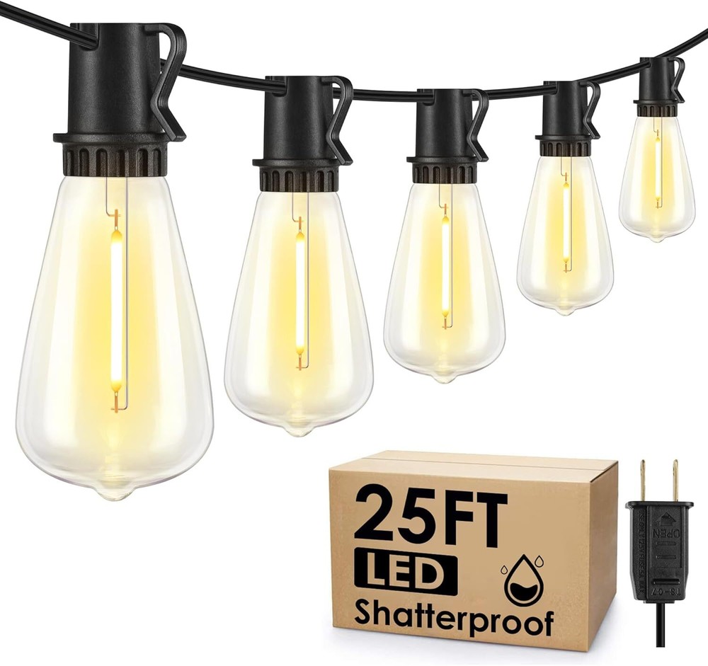 25FT Outdoor String Lights, Patio Lights with 10+1 LED Dimmable 25FT, Black