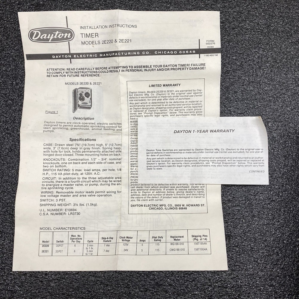 Dayton Time Switch Model 2E220 Sprinkler Control 3 Circuit Switch 120V