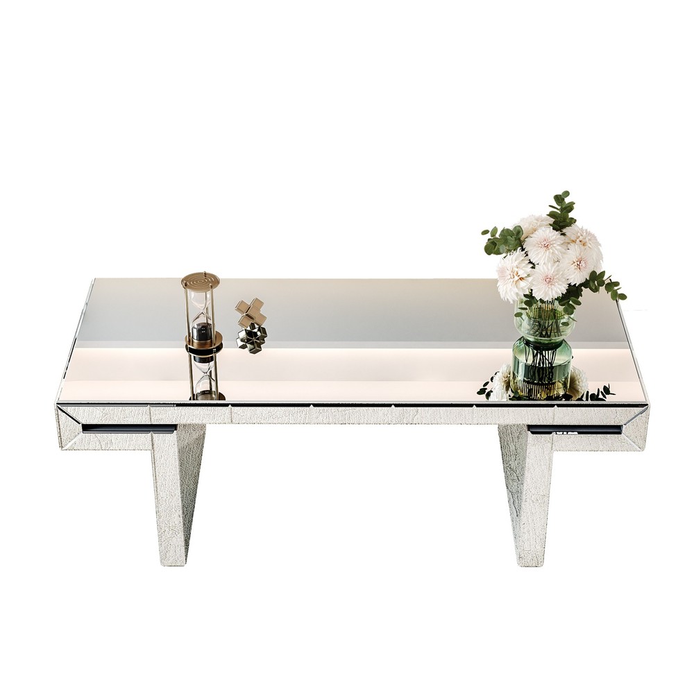 47 Inches Luxury Rectangular Mirror Coffee Table with Fluted Tempered Glass, Mo