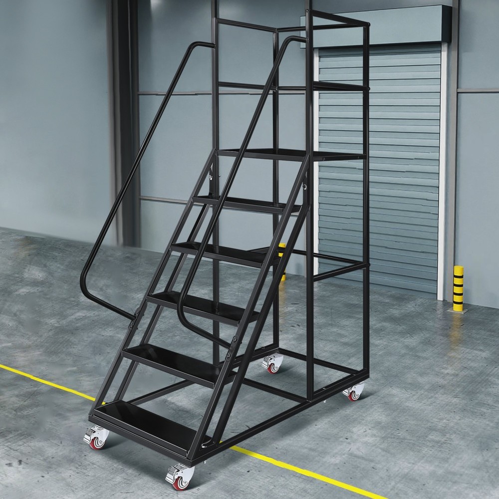 Rolling Ladder 6-Step Warehouse Ladder Platform Height 27.5" w/ Lockable Wheels