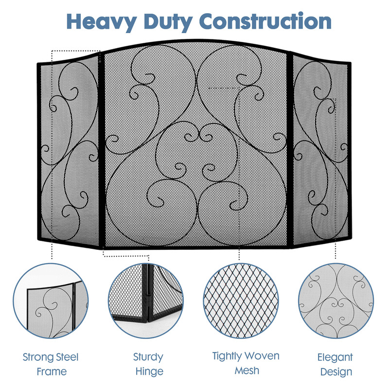 51" Fireplace Screen with Hinged Doors, 3 Panel Spark Guard Cover